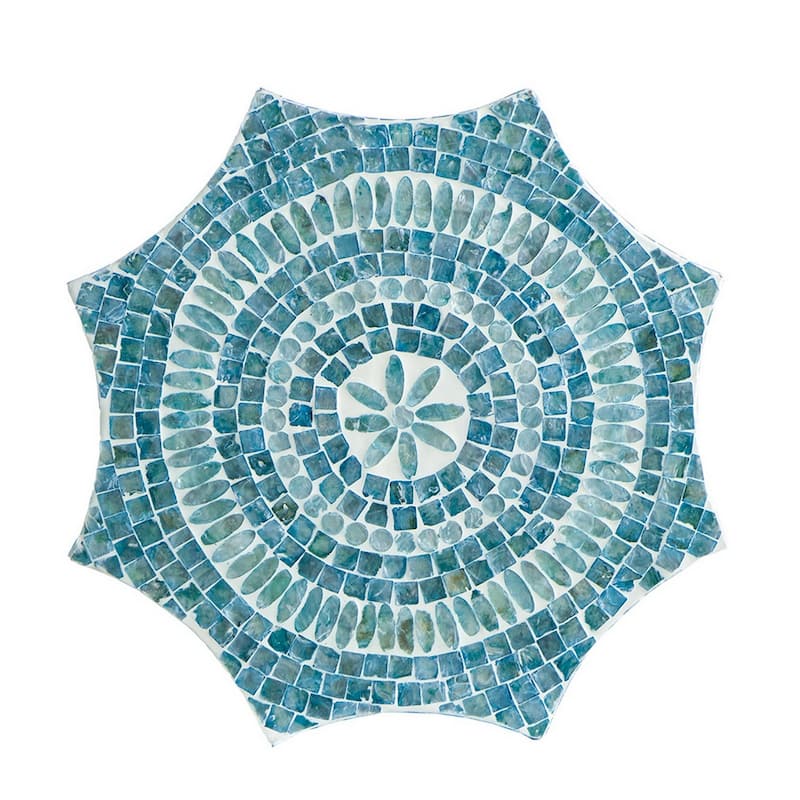 20 Inch Stool Table, Capiz Shell Inlay, Floral Geometric Design, Turquoise