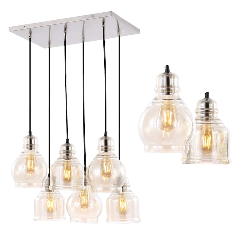 Cooper 18.88" 6-Light Bohemian Farmhouse Iron/Glass Cluster LED Pendant, Nickel/Champagne by JONATHAN Y - Nickel/Champagne