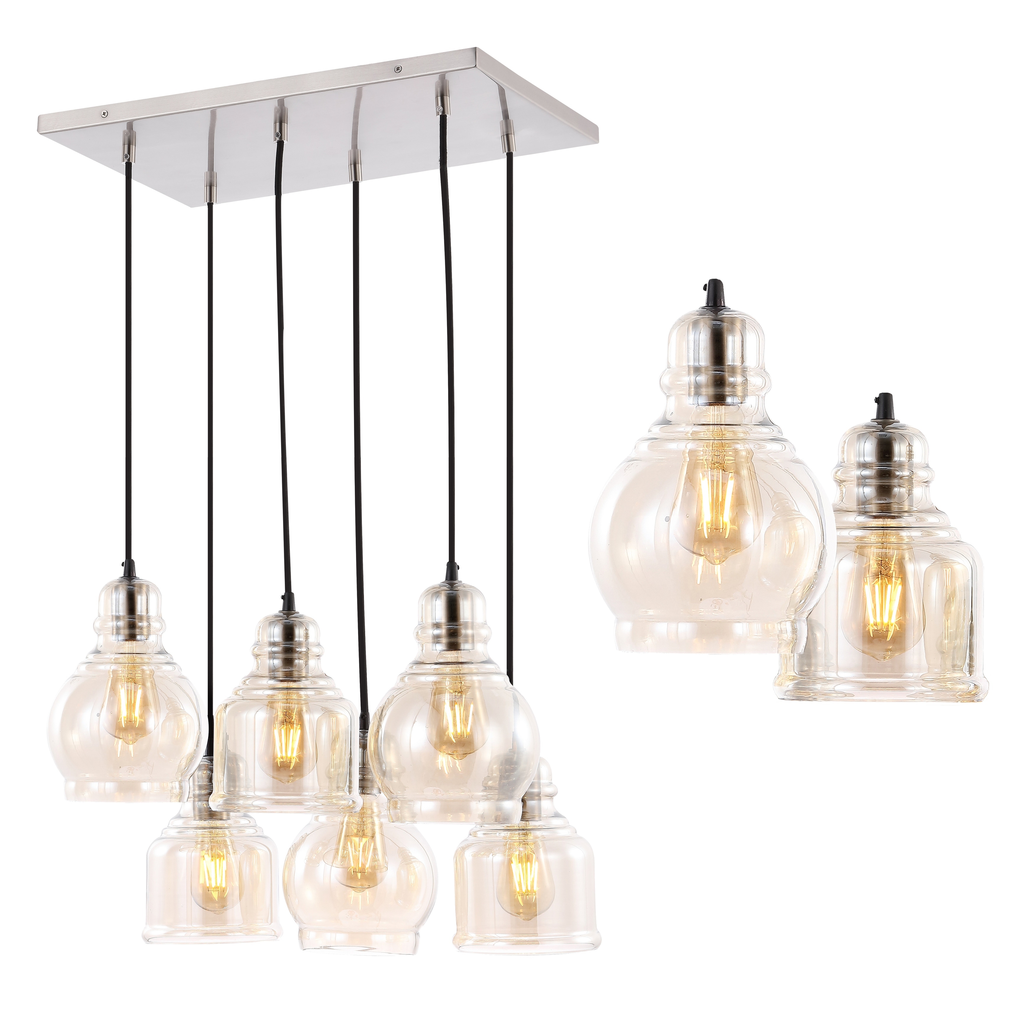 JONATHAN Y Cooper 18.88" 6-Light Bohemian Farmhouse Iron/Glass Cluster LED Pendant, Nickel/Champagne