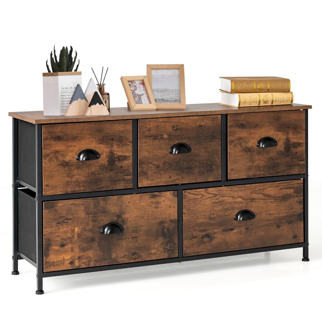 5 Drawer Dresser Chest of Drawers with Wood Top Steel Frame