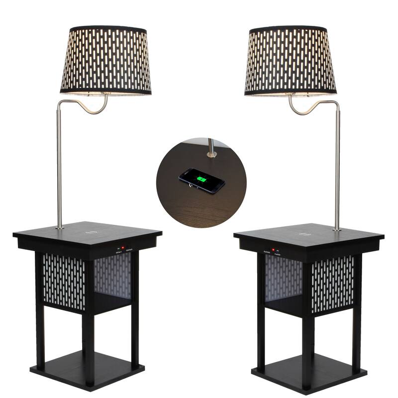 Brightech Madison 56 in. Classic Black Modern LED Bedside Table Lamp with Fabric Drum Shade and Wireless Charging Pad (2-Pack)