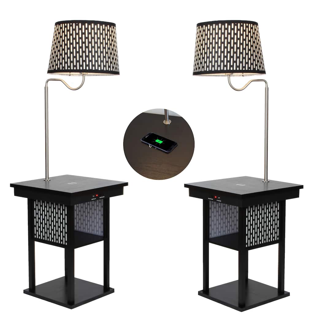 Brightech Madison 56 in. Classic Black Modern LED Bedside Table Lamp with Fabric Drum Shade and Wireless Charging Pad (2-Pack)