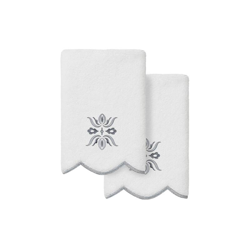 Authentic Hotel and Spa 100% Turkish Cotton FLOWER CREST Scallop Towel Collection - White/Grey - 2 Fingertip Towels