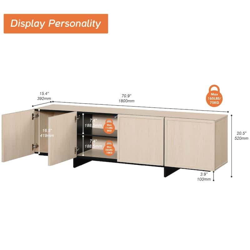 WMAPAT Modern Entertainment Center With T-Shaped Wooden Legs, 4-Door Storage TV Stand, Media Cabinet For Living Room