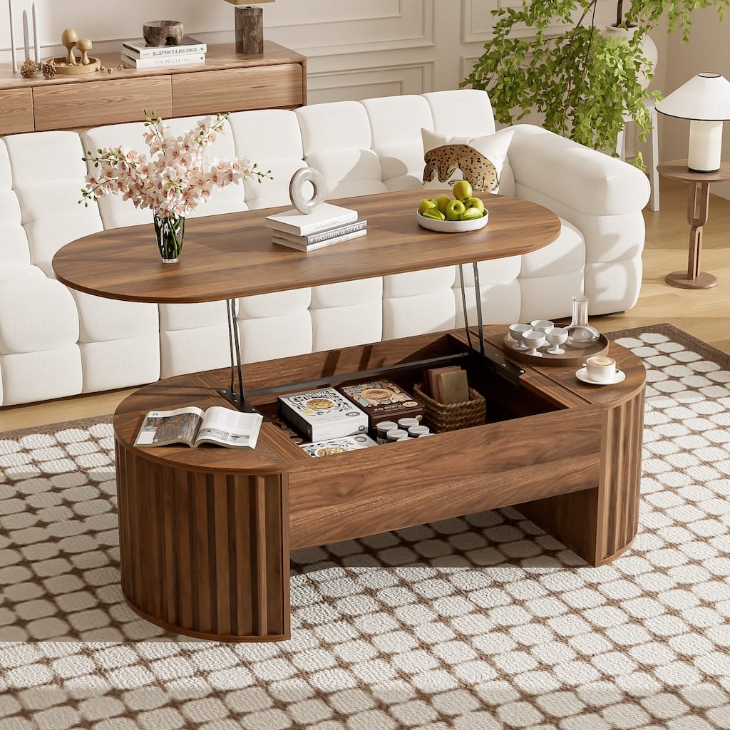 Roomfitters Oval Lift-Top Coffee Table with Hidden Compartment, Wooden Center Table with Storage, Modern Design