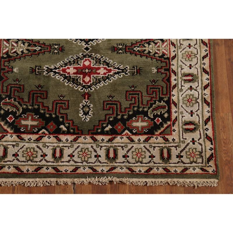 Green Geometric Viss Indian Runner Rug Handmade Wool Carpet - 4'1"x 11'10"