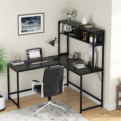 55 Inches L-Shaped Desk with Hutch Bookshelf, Home Office Corner Computer Desk