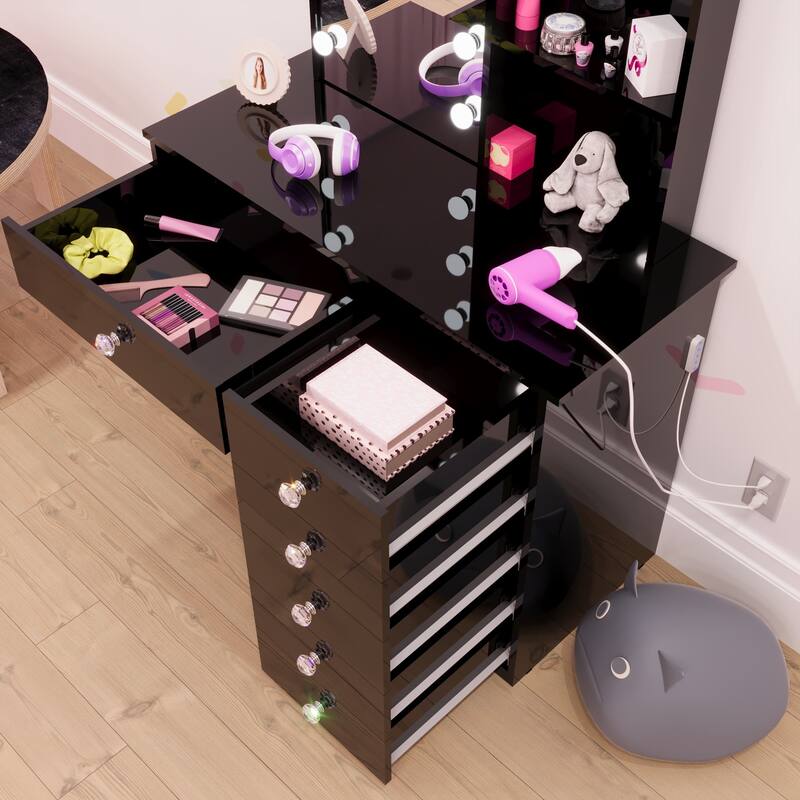 Boahaus Xanthe Kids Vanity Desk with Mirror, Add-On Lights & Storage Drawers