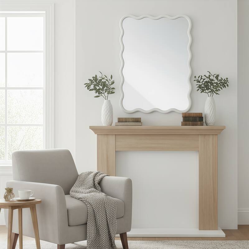 Wavy Rectangle Solid Wood Frame Decorative Mirror - White