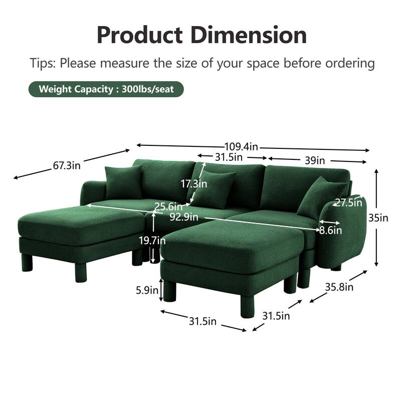 109.4" 3-Seater Modern Upholstered Sofa Couch, Deep-Seat Sectional Sofa with Shell-Shaped Armrests, Leisure Sofa for Living Room