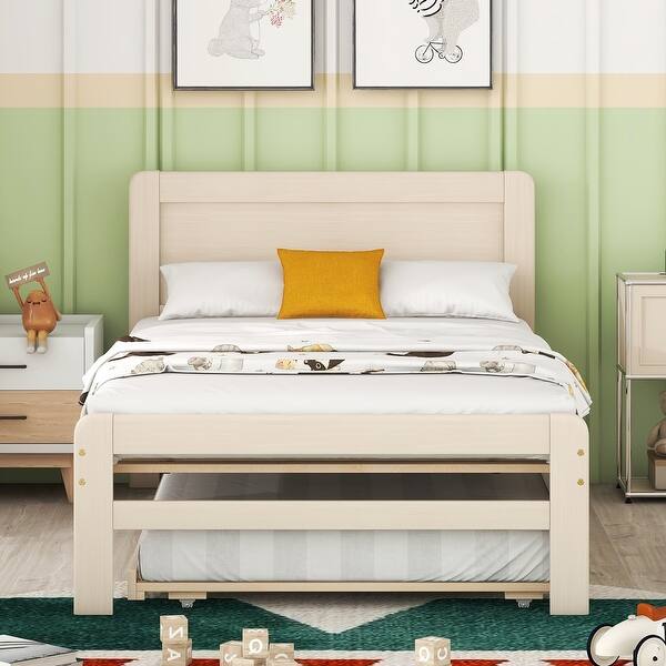 slide 2 of 12, Twin Size Platform Bed Simple Wood Bed Frame with Twin Trundle Underneath, Wood Slat Support No Box Spring Needed, White Washed White - Trundle - Twin