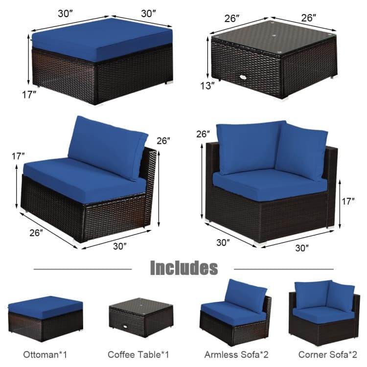 6 Pieces Outdoor Patio Rattan Furniture Set Sofa Ottoman with Coffee Table - 30'' x 30'' x 26''(L x W x H)