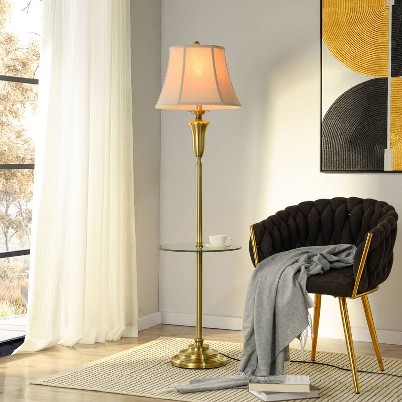StyleCraft Floor Lamp - Antique Brass Finish - Natural Linen Fabric Shade