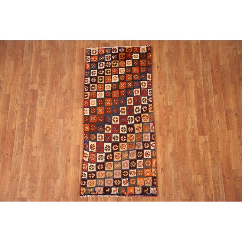 Checkered Gabbeh Persian Vintage Runner Rug Handmade Wool Carpet - 2'1"x 4'9"