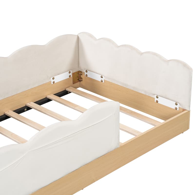 Twin Size Upholstered Bed with Bunny Ear Shape Pillows and Rabbit Tail Footboard, Storage Bags, Wave Frame Platform Bed