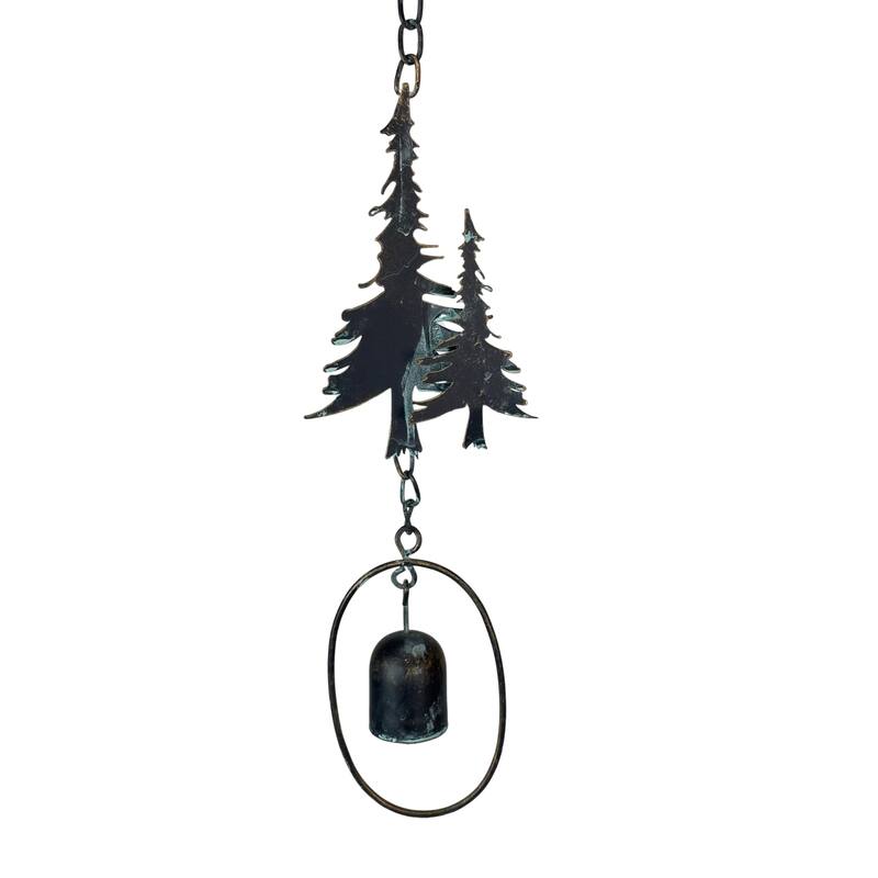 70" Metal Rain Chain - Forest Trees & Zen Bells, Aged Verdigris, 3.25" - 3.25 X 70 X 0.25 inches