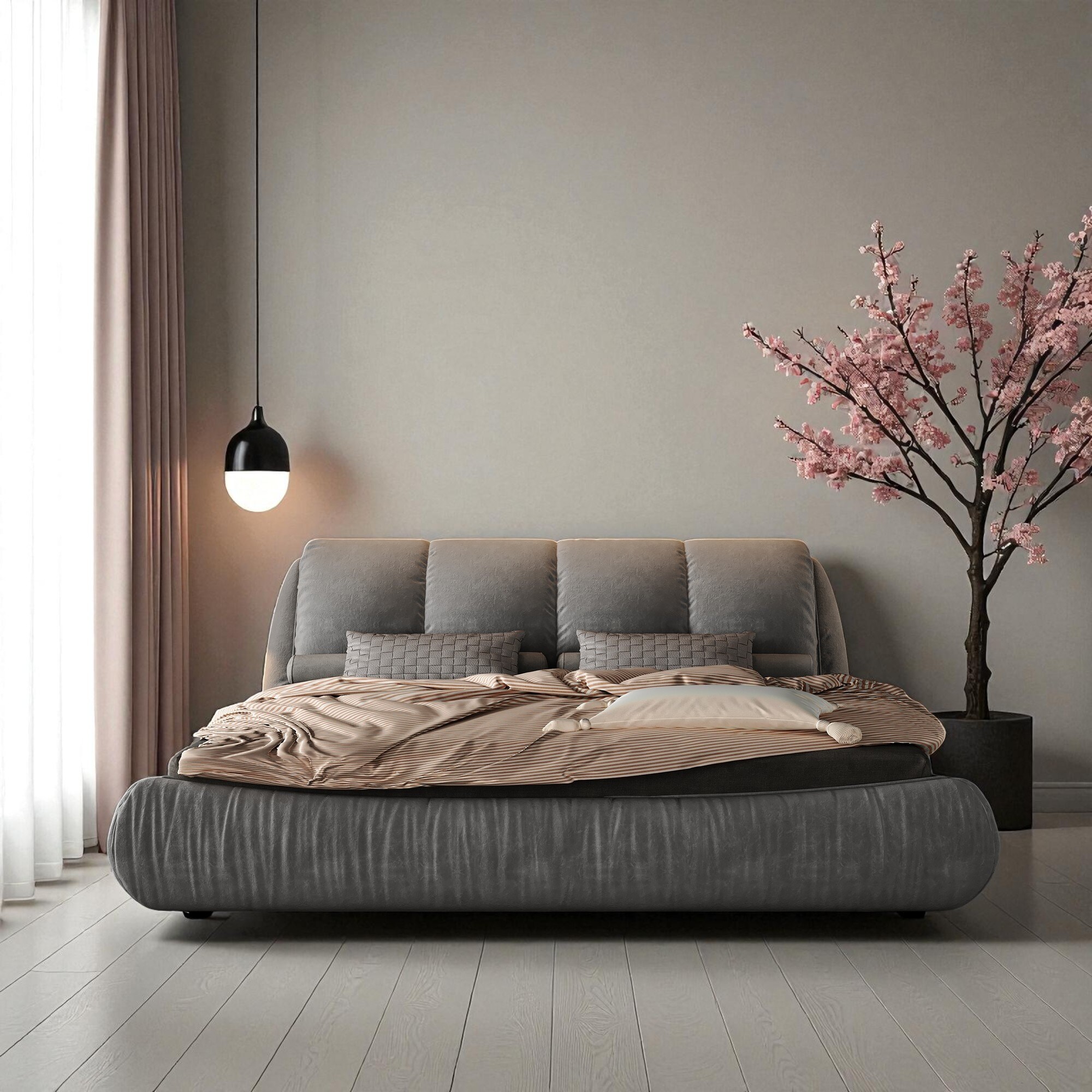 Queen/King Size Luxury Upholstered Platform Bed with Oversized Padded Headboard, Solid Wood Frame & Adjustable Mattress Height