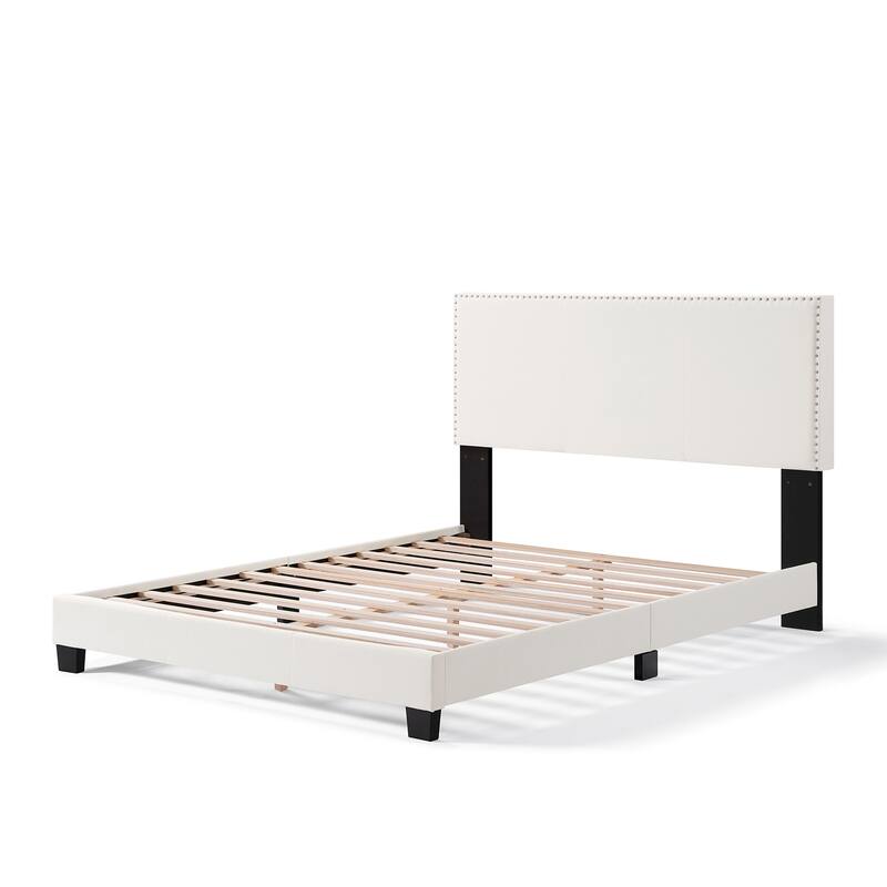 Full/Queen Size Platform Bed Frame, Bedroom Upholstered Bed with Nailhead Trim Headboard, No Box Spring Needed
