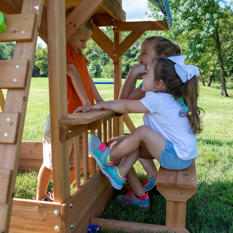 Backyard Discovery Beach Front Cedar Wood Swing Set, Slide, Play Deck - 14'1" x 14'5"