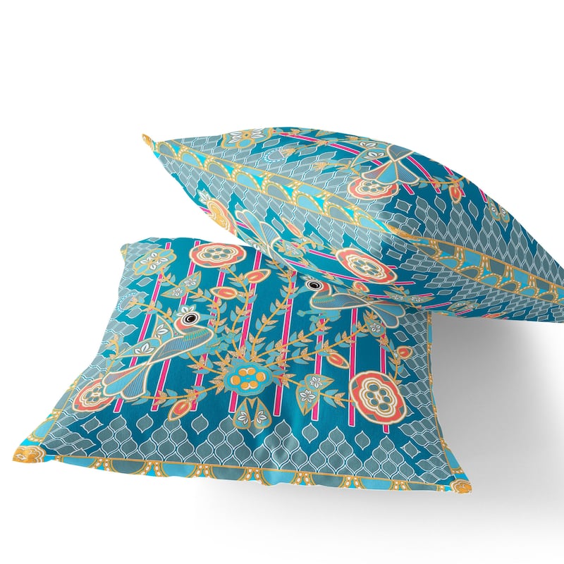 HomeRoots Set of Two 16" X 16" Blue and Gold Peacock Blown Seam Floral Indoor Outdoor Throw Pillow - 16.00' X '16.00' X '5.00