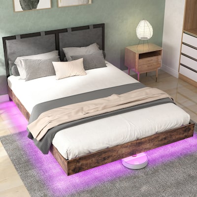 Floating Bed Frame with LED Lights, Hanging Upholstered Headboard No Box Spring Needed,Full Size