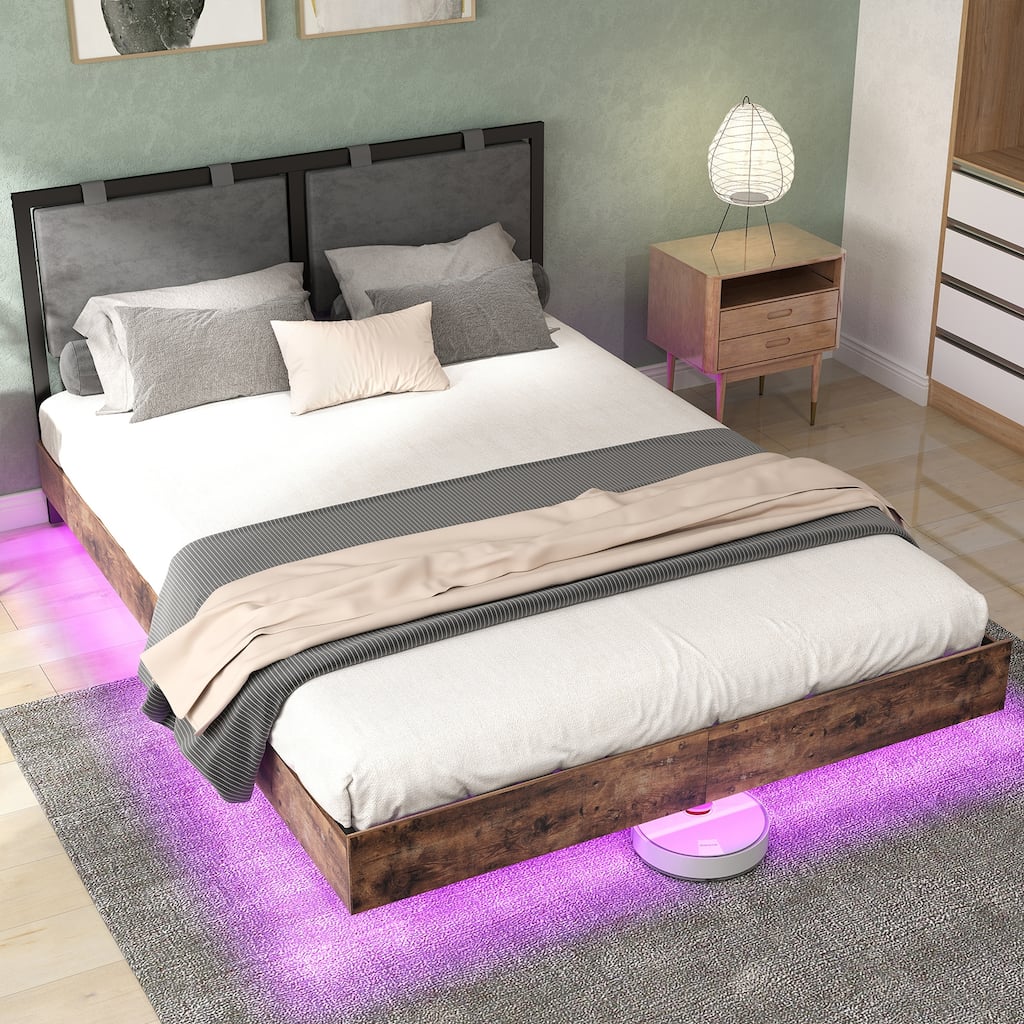 Floating Bed Frame with LED Lights, Hanging Upholstered Headboard No Box Spring Needed,Full Size