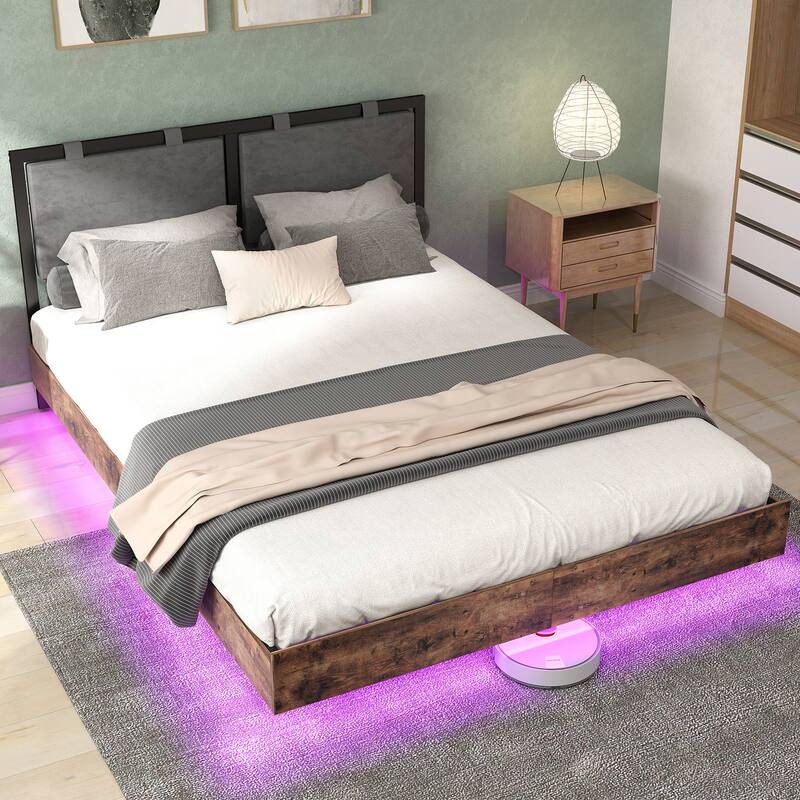 Floating Bed Frame with LED Lights, Hanging Upholstered Headboard No Box Spring Needed,Queen Size