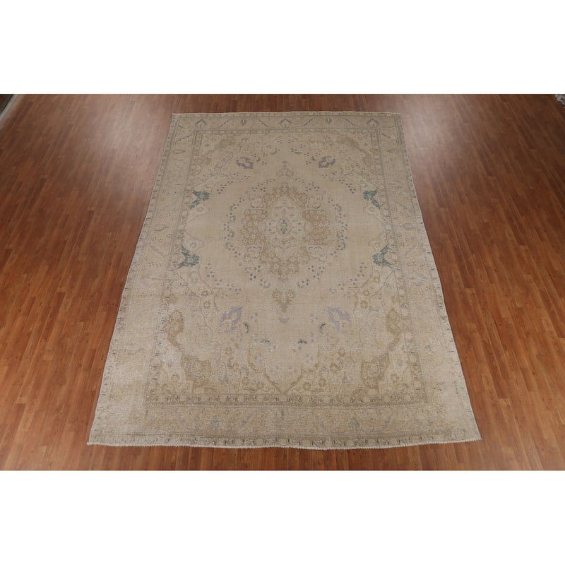 Beige Tabriz Persian Vintage Area Rug Handmade Wool Carpet - 9'1"x 13'2"