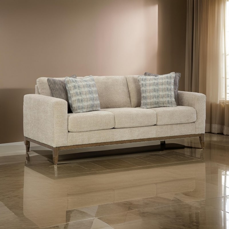 Klyn 93 Inch Sofa, 4 Accent Pillows, Faux Wood Feet, Beige Polyester