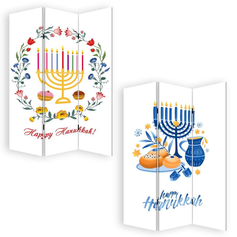 72 Inch 3 Panel Canvas Foldable Room Divider, Hanukkah Symbol, Multicolor