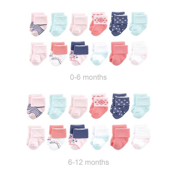 slide 1 of 1, Luvable Friends Infant Girl Grow with Me Cotton Terry Socks, Coral Mint Aztec, 0-6 and 6-12 Months - Coral Mint Aztec Coral Mint Aztec - 0-6 and 6-12 Months