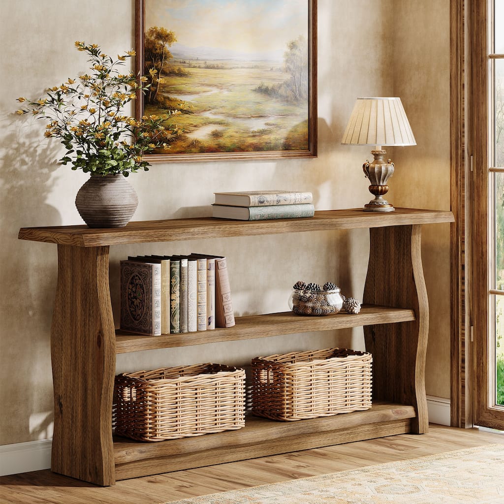 63 Inch Solid Wood Console Table with 3 Tier Storage Shelves, Sofa Table Behind Table for Living Room, Entryway