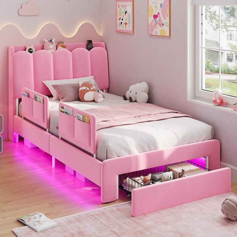 LED Bed Frame Storage DrawerSafety Guardrails Velvet Princess Platform Bed Kids - Pink - Full