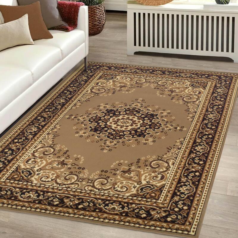 Superior Formal Floral Vines Border Indoor Runner or Area Rug - 5' x 8' - Tan