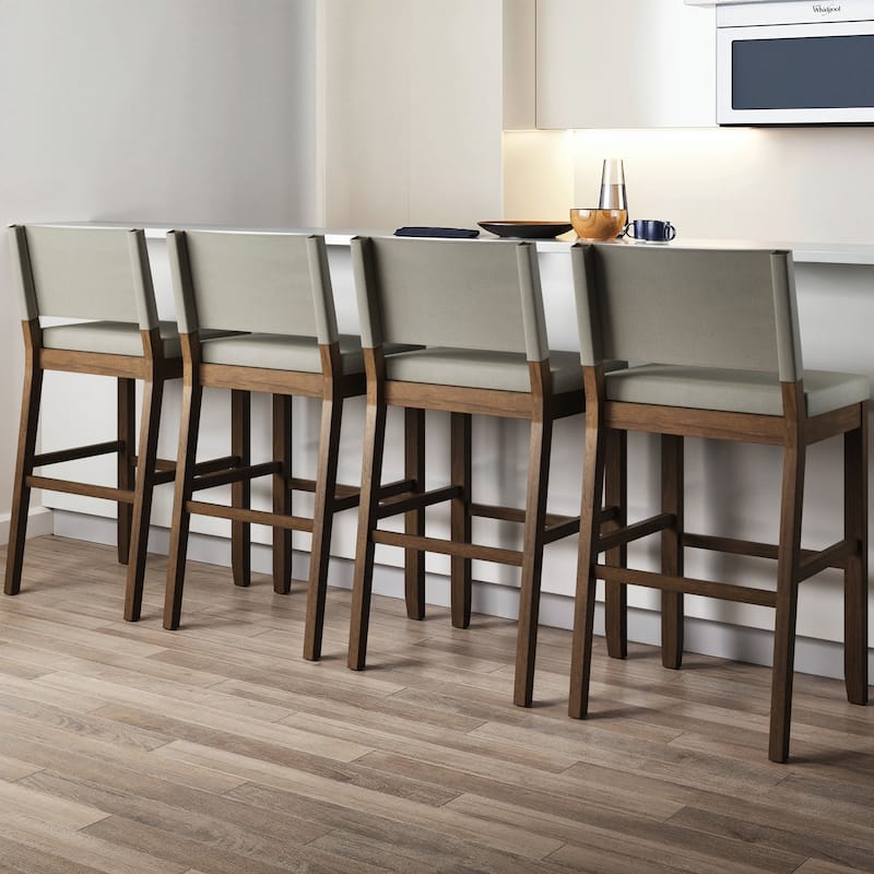 Nathan James Linus Modern Upholstered Bar Stool with Back and Solid Rubberwood Legs - Set of 4 - Light Gray/Dark Brown - Bar Height