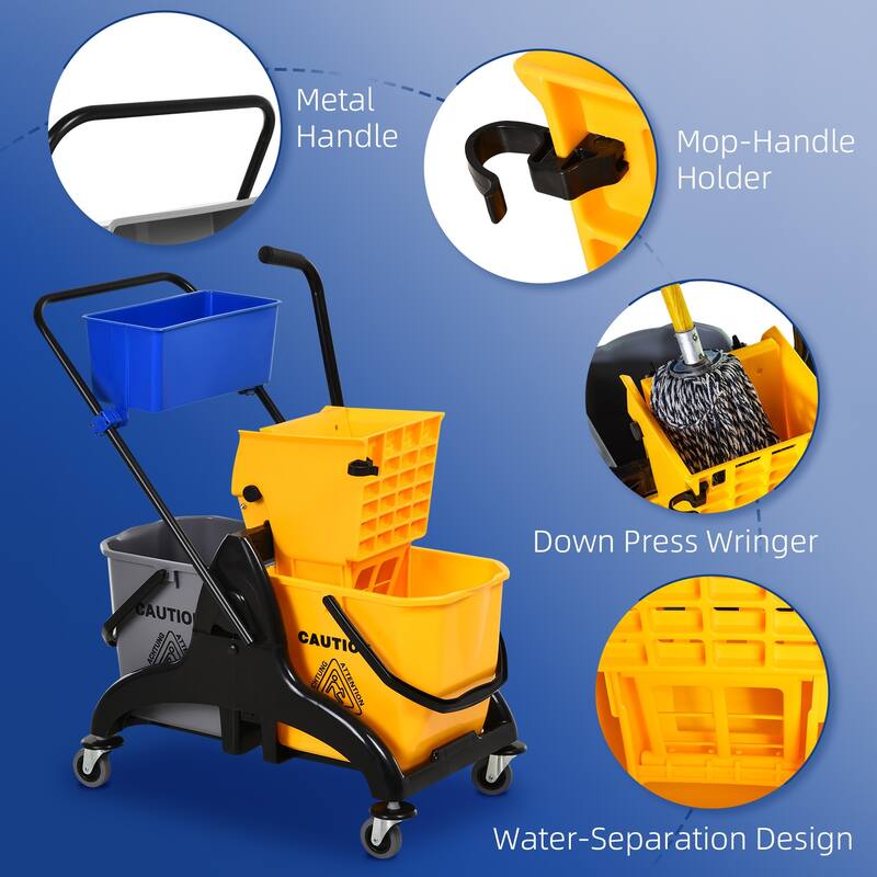 Mop Water Bucket Wringer Cart with Easy to Use Side Press Wringer, Smooth Wheels, Mop-Handle Holder