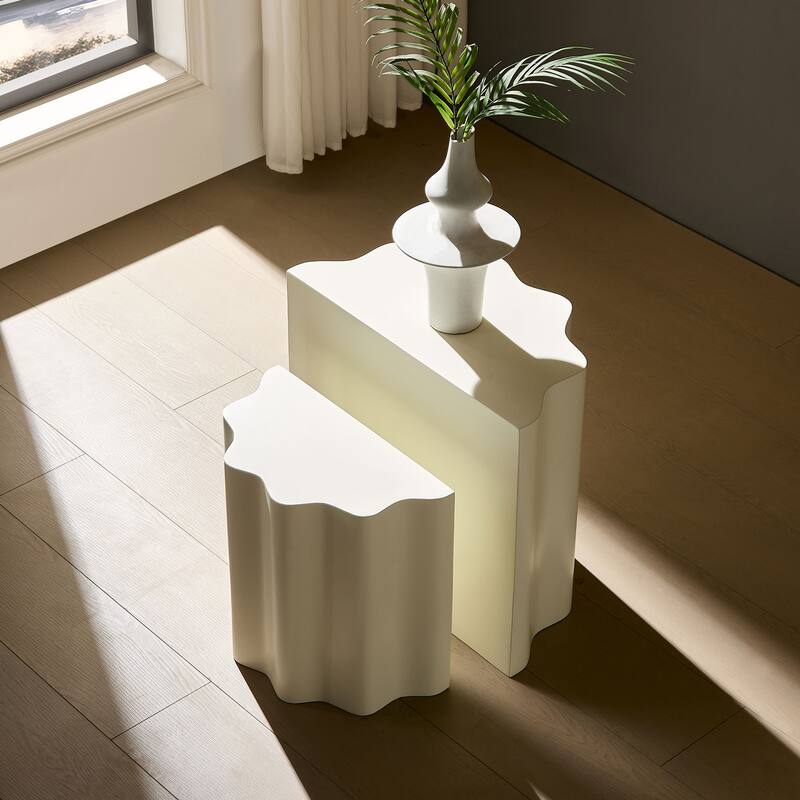 2-Piece Set Side Table Accent Table, Fiberglass Coffee Table End Table with Soft Wavy Edges for Living Room