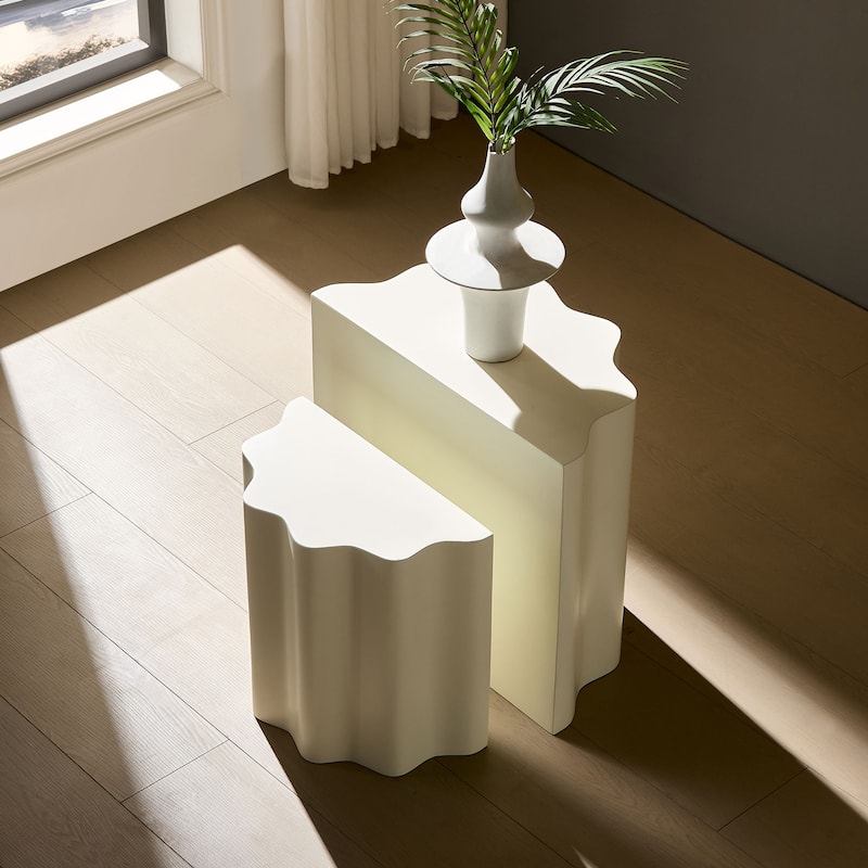 2PCS Set Side Table,Wavy Edges Design Fiberglass Coffee Table for Living Room,Bedroom,Modern Design End Table for Apartment