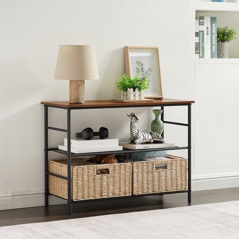 32.4" Industrial 3-Tier Console/Sofa Table with 2 Straw Storage Baskets, Brown