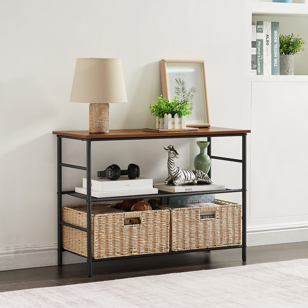 32.4" Industrial 3-Tier Console/Sofa Table with 2 Straw Storage Baskets, Brown