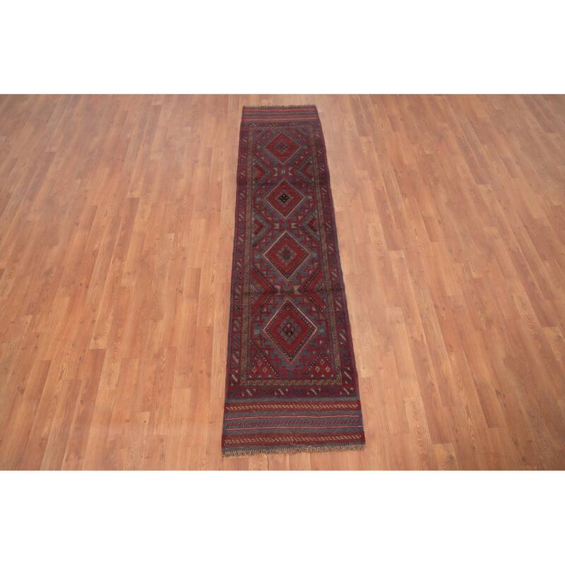 Hand Knotted Oriental 100% Wool Carpet Traditional Tribal Navy Blue & Blues Balouch Runner Rug - 7' 9'' X 1' 10''