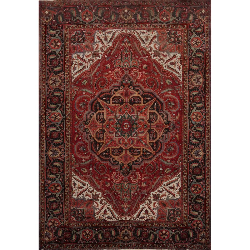 Hand Knotted Oriental 100% Wool Carpet Traditional Floral Red Heriz Area Rug - 10' 5'' X 8' 3''
