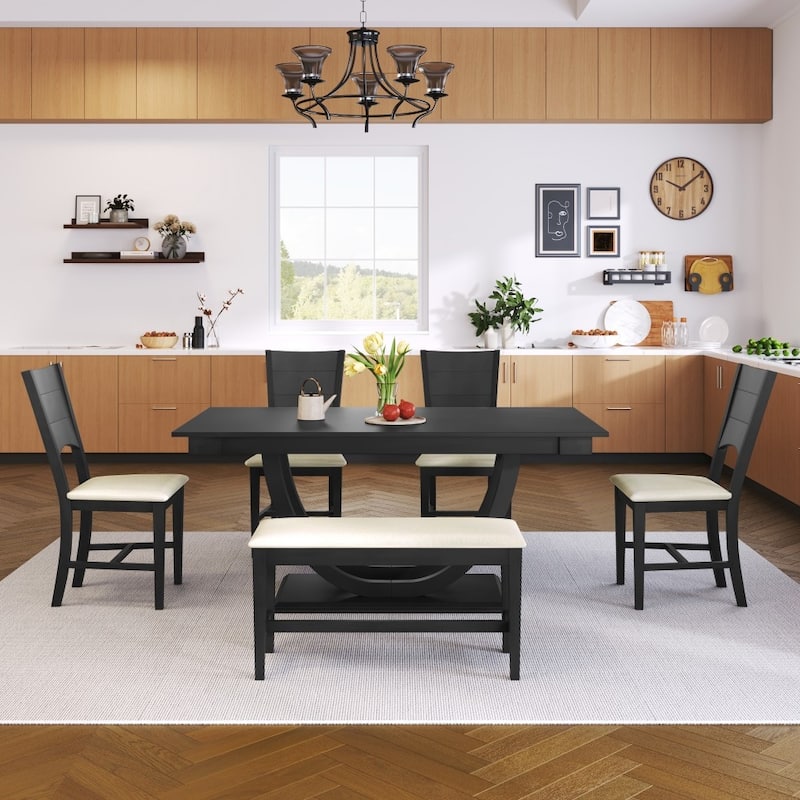 6-Piece Wood Half Round Dining Table Set Dining Set with Upholstered Long Bench and 4 Dining Chairs - Grey