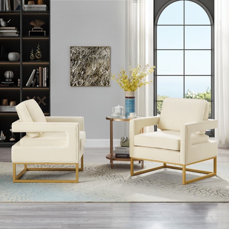 Modern Velvet Upholstered Accent Chair with Gold Metal Base