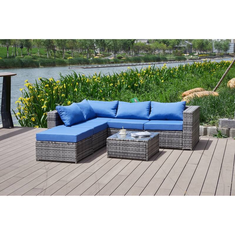 6 Piece Outdoor Sectional L- Shaped Sofa Set, All-Weather PE Wicker Rattan Conversation Furniture Set with Coffee Table