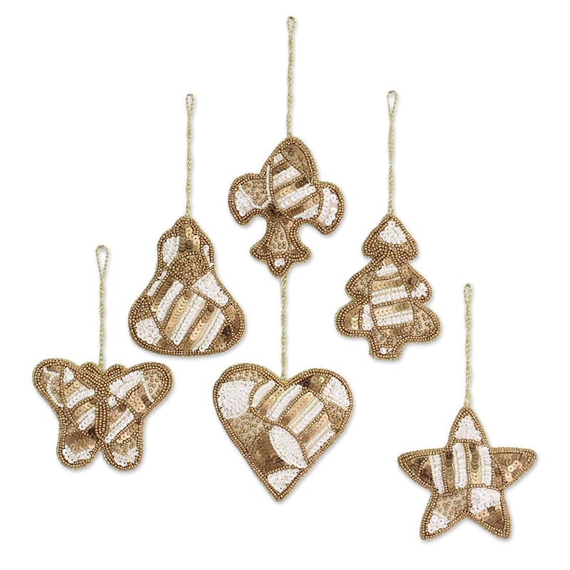 Novica Handmade Christmas Party In Gold Beaded Ornaments (Set Of 6)