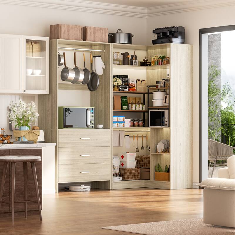 Set of 2 Freestanding Corner Closet Organizer with Drawers, Walk-in Closet System with Hanging Rods