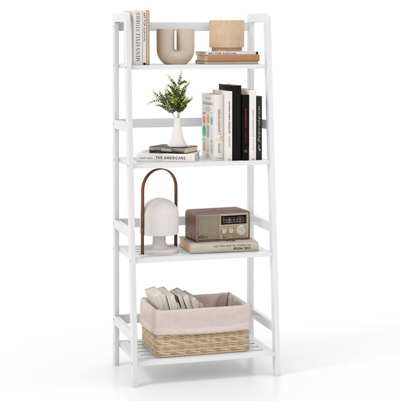 Costway Multifunctional 4 Shelf Bamboo Bookcase Ladder Plant Flower - See Details - White - See Details