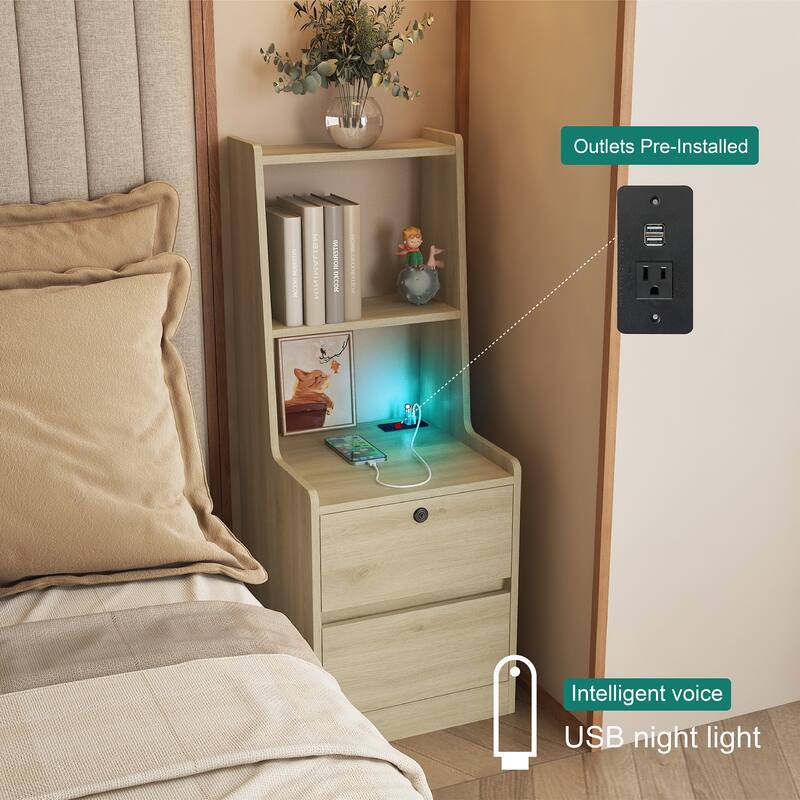 Simple Nightstand Bedside Table with Charging Station, Lamp Table Side Table Dressing Table with Bookshelf