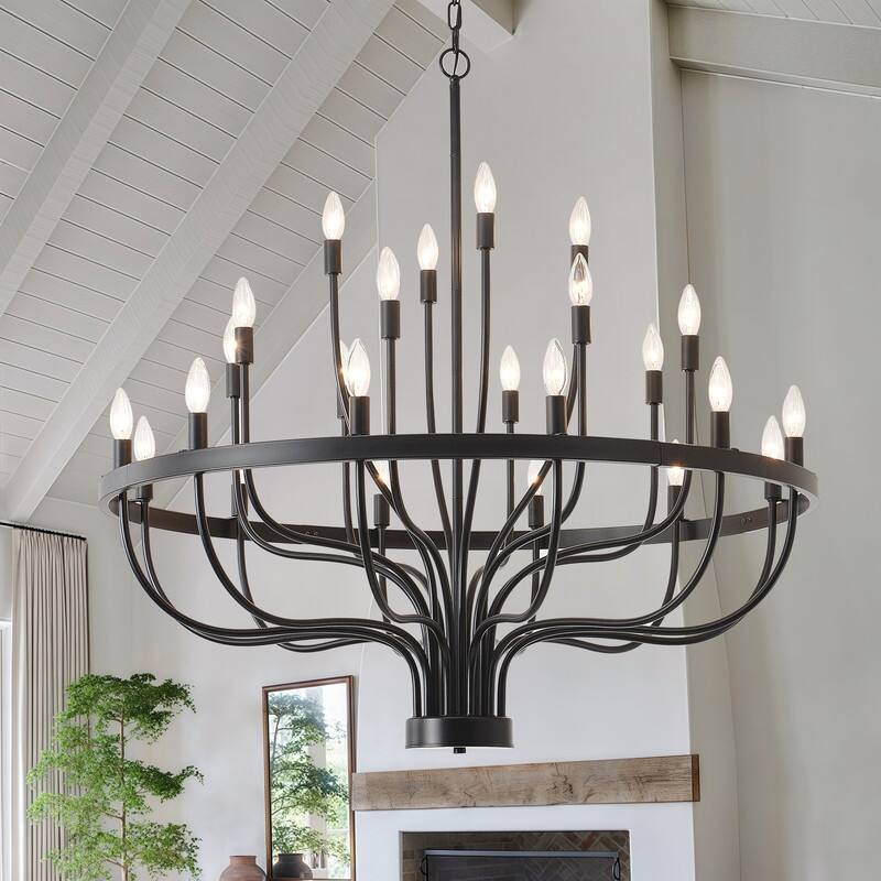French Country Candle Chandelier Black/Gold Large Wagon Wheel Pendant Lighting - 39.3 inch-24 light  - Black